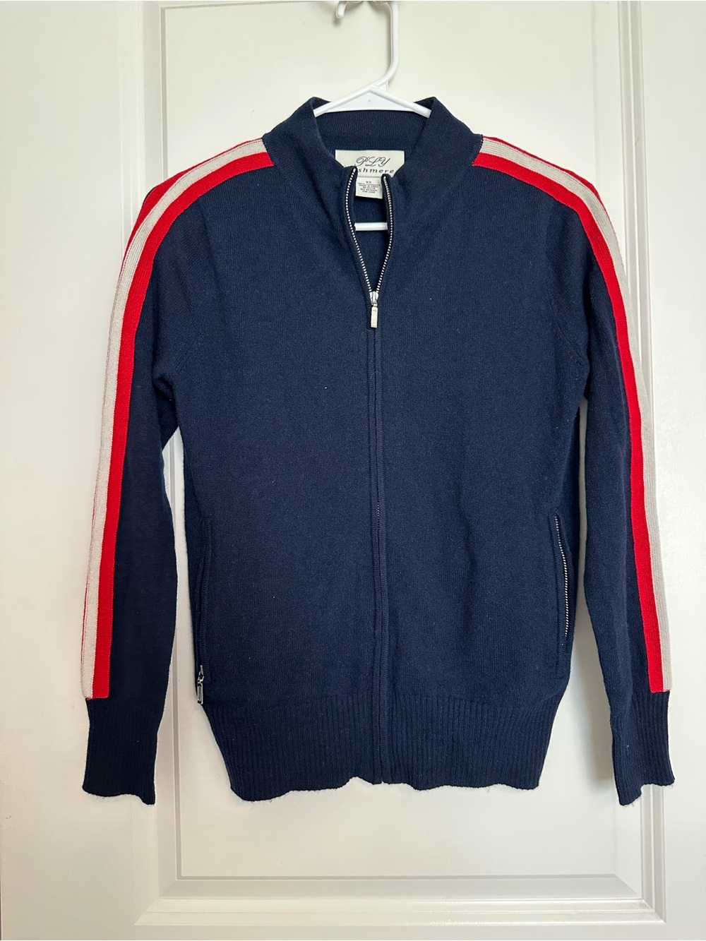 ply cashmere Navy Zip Cardigan with Red & White Shoulder Stripes